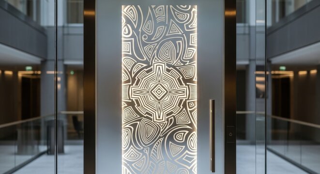 Ornate etched glass elevator door with a complex geometric pattern and modern metal frame