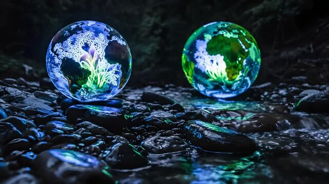 Glowing Earth globes resting on creek rocks at night, mystical bioluminescent plants inside glass spheres, environmental sustainability and world preservation concept.