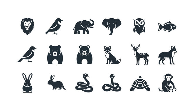 Collection of various animal icons in black.