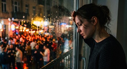 Obraz premium A moody cinematic shot captures the ache of exclusion on a rainy night. A solitary figure stands on a darkened balcony, separated from the world by a cold glass window streaked with hyper-realistic