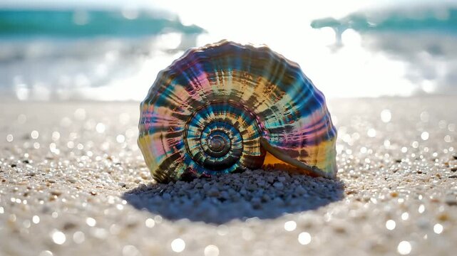 Iridescent metallic seashell on a sunny white sand beach with shimmering ocean waves, perfect for luxury travel, spa branding, mindfulness, and summer vacation advertising.