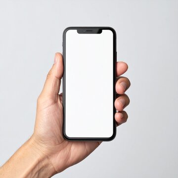 Close-up of a male hand holding a black smartphone with a blank white screen mockup against a light grey background.