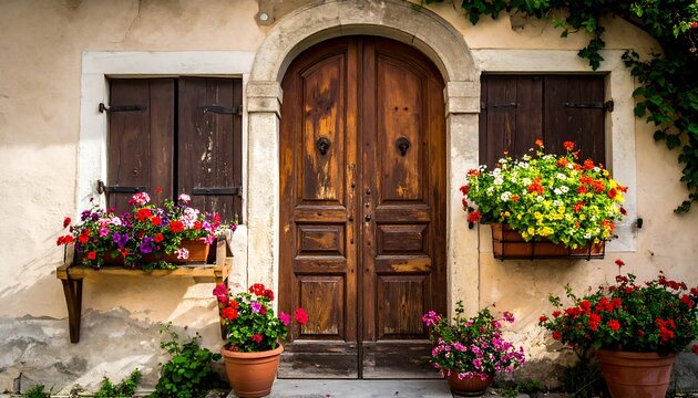 Rustic door with stone arch and flower boxes