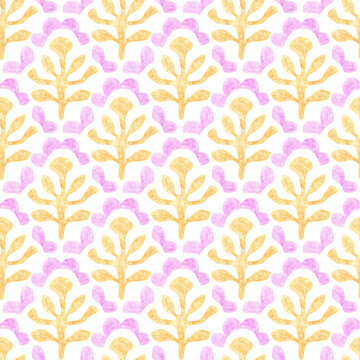 Seamless pastel botanical pattern. Hand drawn with colored pencils. Cute floral shapes and leaves. Perfect for fabric and wallpaper.