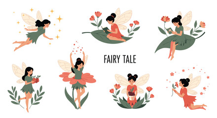 Obraz premium Whimsical collection of various fairy tale characters including magical fairies sitting on forest leaves and flowers.