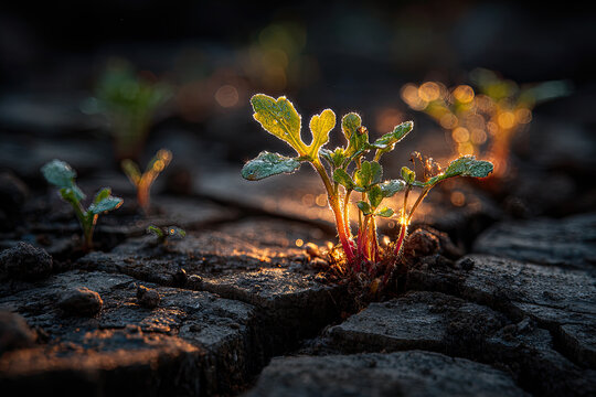 Green Sprouts Emerging from Cracked Soil