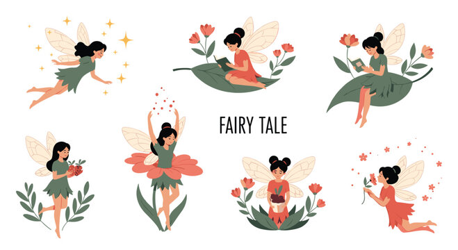 Whimsical collection of various fairy tale characters including magical fairies sitting on forest leaves and flowers.