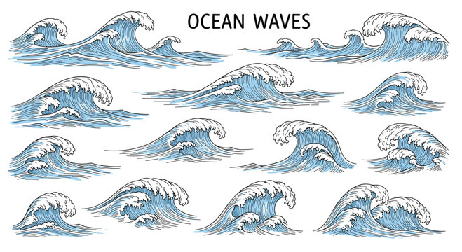 Detailed collection of ocean wave sketches drawn in a vintage engraving style for nautical and maritime design.