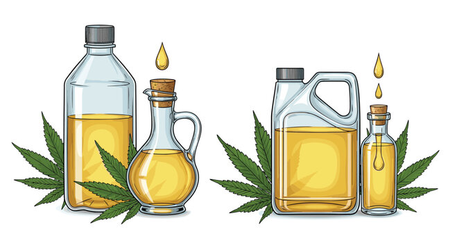 Various glass and plastic bottles filled with golden cannabis oil or hemp extract surrounded by fresh green marijuana leaves on a white background.