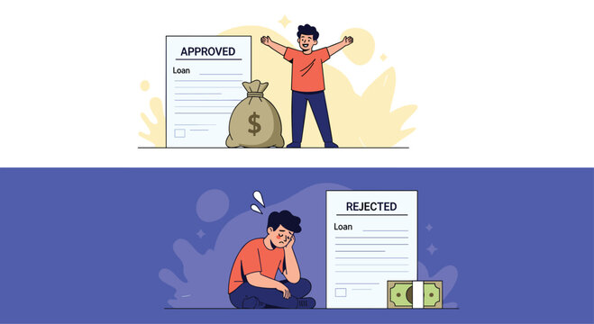 Comparison of loan approval and rejection showing a happy man with a bag of money versus a sad man with empty pockets and bank documents.