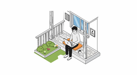 Obraz premium Isometric Illustration of a Freelancer Working on a Laptop on an Outdoor Balcony - Remote Work and Digital Nomad Lifestyle Concept