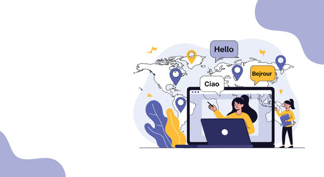 Online language learning platform concept with people communicating across a world map using video calls and chat bubble translations.