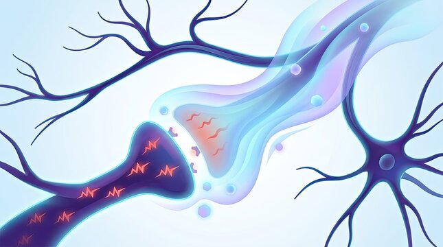 Brain's Communication: A detailed illustration captures the intricate processes of the human brain's neural networks, highlighting the complex structures of synapses and the flow of neurotransmitters.