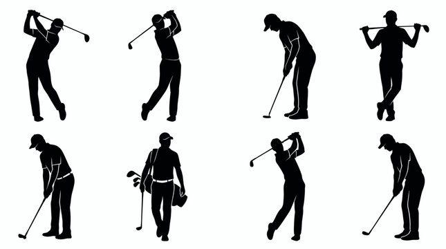 Silhouettes of professional male golfers and executive managers swinging or putting on white background, concept for corporate leisure activity, executive networking and sports branding
