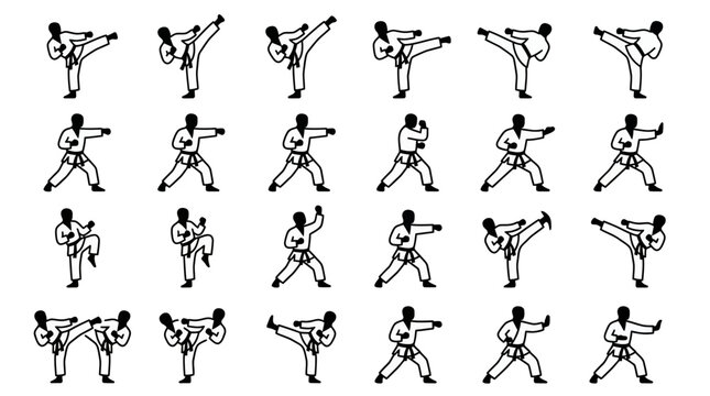 black and white karate martial arts silhouettes showing various kicks and strikes of athletes in uniform, concept for sport school branding, martial arts training and tournament promotion
