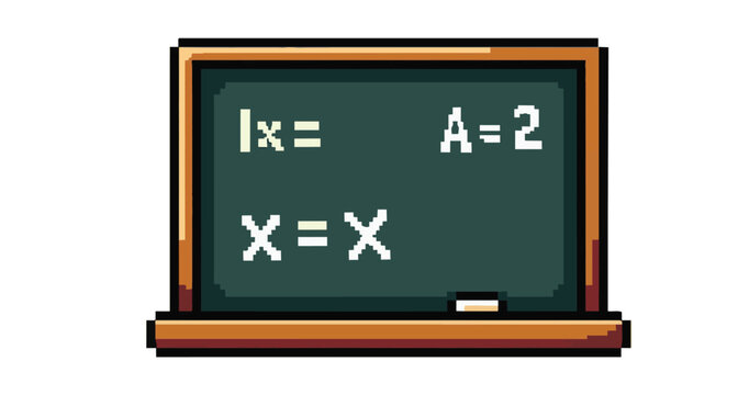 Pixel art chalkboard illustration featuring algebraic math equations and white chalk on a wooden frame, isolated on a white background for educational and school themes.