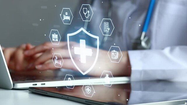 Health care professional uses laptop to access medical information and digital tools for patient care at a hospital or clinic office.