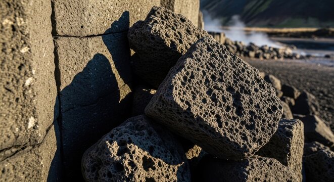 Close-up view of rough volcanic pumice stones with a porous texture casting shadows in natural sunlight