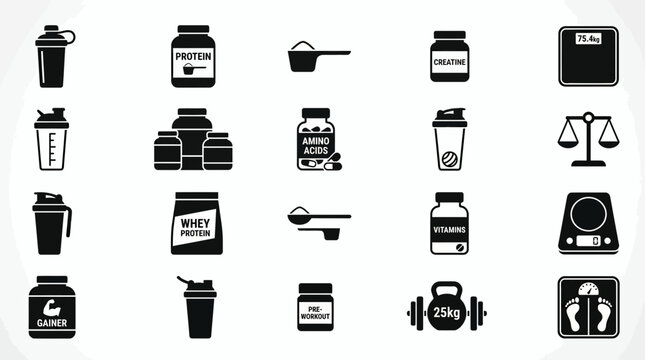 Set of black fitness supplement and gym icons featuring protein jars, shakers, scoops and scales on white, concept for sports nutrition, bodybuilding app and healthy lifestyle branding