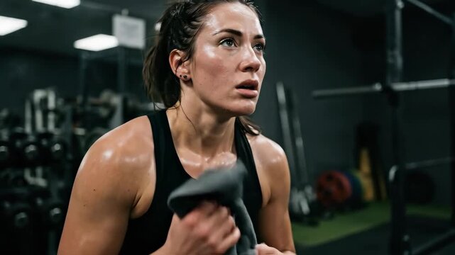 Sweaty woman resting in gym holding towel, dim lighting and reflective mood, athletic environment, shot on Nikon Z7 II,no logos