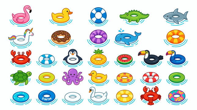 Collection of colorful inflatable swimming rings and pool floats featuring animals, fruits and sea creatures, concept for summer vacation graphic, beach party invitation and water activity