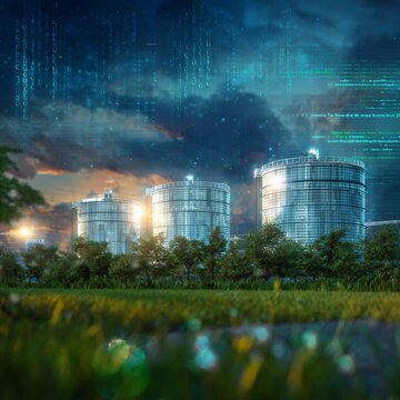 The heart of natural gas: majestic storage towers at dusk. Ai visuals. Envisioning tomorrow's energy: lng tanks amidst a vibrant backdrop. Intelligent screens. Futuristic screens.
