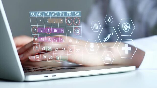 Digital calendar tool used for health management during weekdays and weekends with icons showing healthcare services.