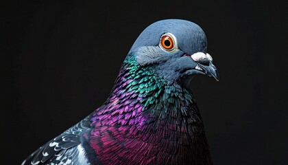 Close-up of a vibrant pigeon with iridescent feathers against a dark background. © Della