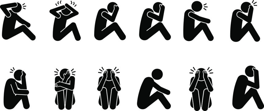 Icons depicting anxiety mental stress fear panic attacks in human silhouettes with depression