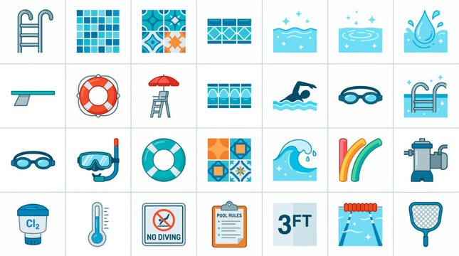 Flat swimming pool icons featuring equipment ladder lifebuoy goggles diving board and maintenance tools, concept for sports website design, summer infographic and aquatic facility promotion