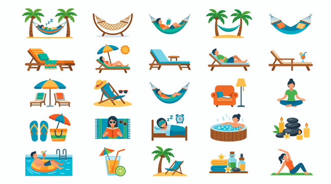 Flat vector icons set of corporate managers and executives relaxing on vacation with hammocks and spa elements, concept for employee wellness, travel promotion and stress management