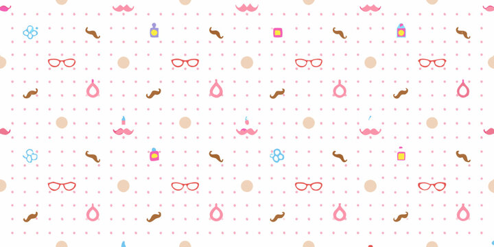 Whimsical pattern of mustaches glasses and colorful decorative elements