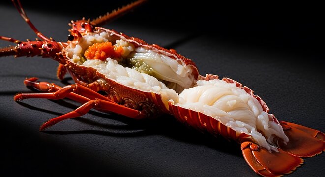 Cooked lobster split lengthwise to reveal succulent white meat and bright orange roe on a dark surface. california lobster