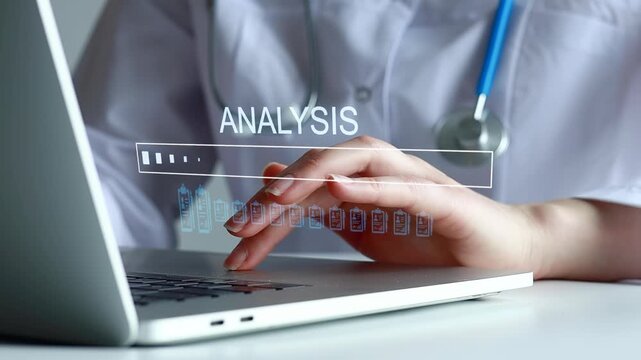 Medical professional conducts data analysis on laptop in a clinical setting during daytime hours.