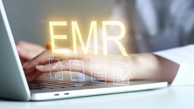 Person using a laptop to manage electronic medical records at a desk during the day.