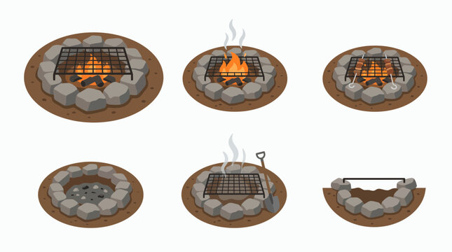 Illustration set of stone campfire pits with fire smoke grill grate skewers and shovel on dirt ground, concept for outdoor adventure manuals, camping equipment marketing and backyard barbecue graphics
