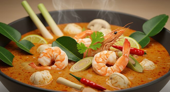 Delicious shrimp soup with vegetables in a dark bowl overhead view
