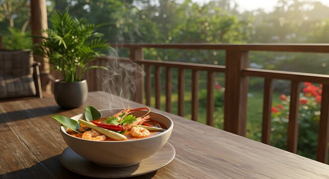 Delicious shrimp soup in bowl on wooden table outdoors with greenery