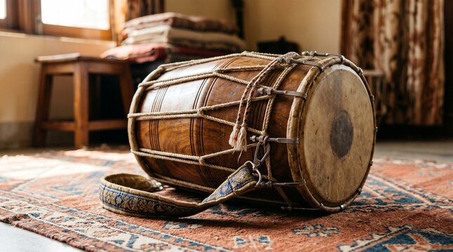 Traditional indian dholak drum on colorful rug indoors