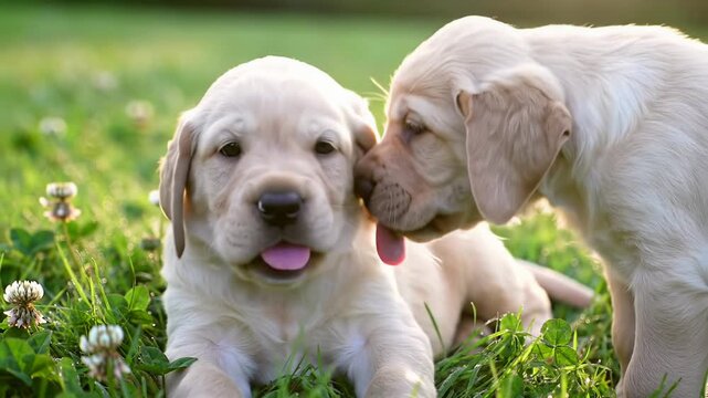 Tracking video: two cream golden retriever puppies play joyfully in fluid slow motion amidst dew-kissed grass and daisies, bathed in golden hour. Idyllic pet interaction concept