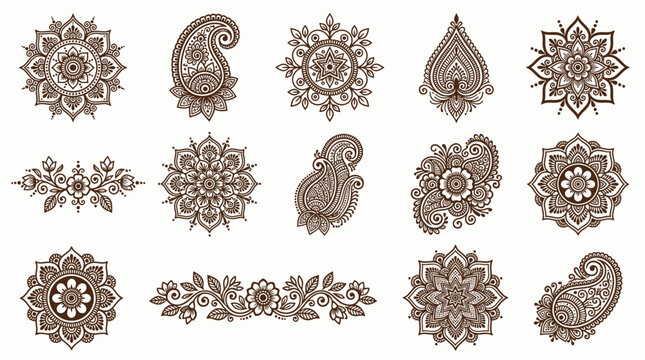 Set of traditional indian mehndi henna patterns with mandala and paisley floral ornaments on white background, concept for body art design, wedding invitation decoration and textile printing