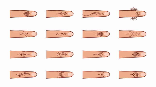 Collection of various elegant henna mehendi tattoo designs on human fingers with floral and geometric patterns on white background, concept for bridal preparation, beauty salon and body art