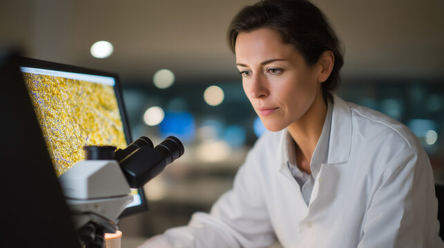 Conservation laboratory scientist analyzing paint sample under electron microscope, historical pigment database on computer screen, grant funded research protecting cultural treasures, perfect for a