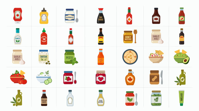 Set of flat vector icons featuring food condiments sauce bottles and dip jars on white background, concept for restaurant menu design, culinary marketing and food mobile app interface