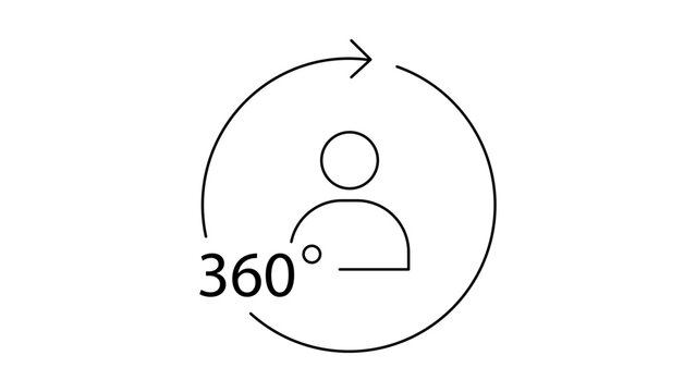 360 Review Vector Icon: A minimalist black line illustration on a white background representing a circular arrow around a person silhouette for feedback, assessment, and performance evaluation.