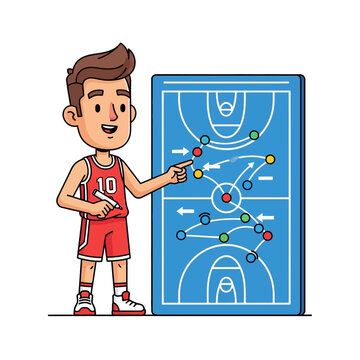 Basketball Coach Explaining Strategy on Blue Playboard with Player Pointers