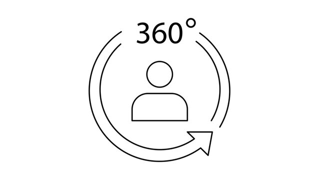 Minimalist 360 Degree Review Vector Icon Illustration. A clean black line art design on white background showing a circular arrow around a human figure for feedback, evaluation, and assessment.
