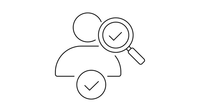 Background check vector icon illustration with a minimalist black line person silhouette, magnifying glass, and checkmark on white background for recruitment, security, and verification.