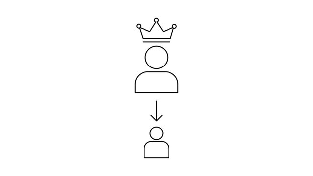 Succession Planning Vector Icon Illustration: Minimalist black line art on white background showing a crowned leader passing authority to a successor with a downward arrow symbol for business.