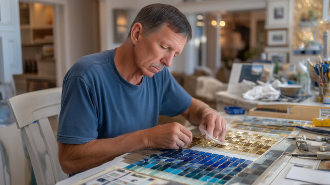Mosaic artist arranging glass tile gradient from ocean blue to sandy beige on design board, adhesive mesh backing and spacing tools nearby, kitchen backsplash template underneath, perfect for custom